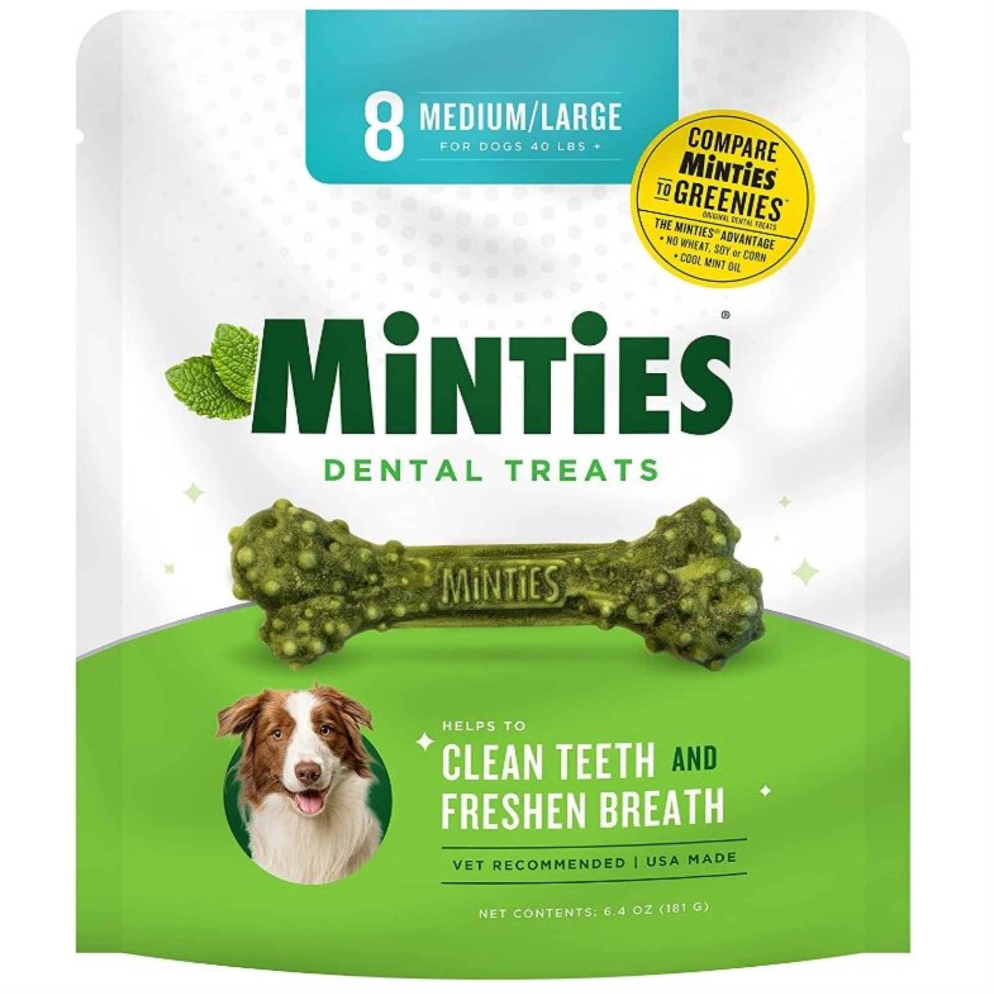 Sergeants Minties Dental Chews for Dogs, Vet-Recommended Mint-Flavored Dental Treats for Medium/Large Dogs over 40 lbs, Dental Bones Clean