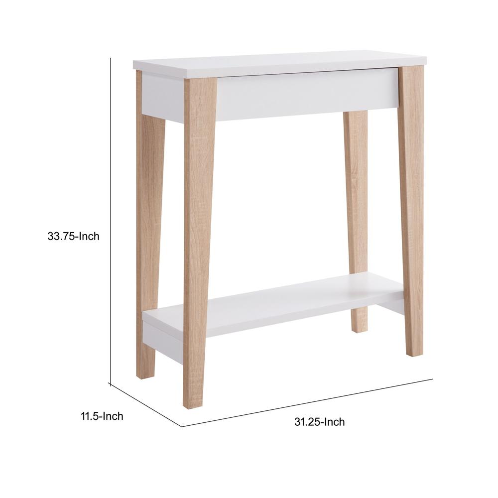 Benjara 34 Inch Console Table with Drawer and Shelf, Tapered Legs, White, Brown