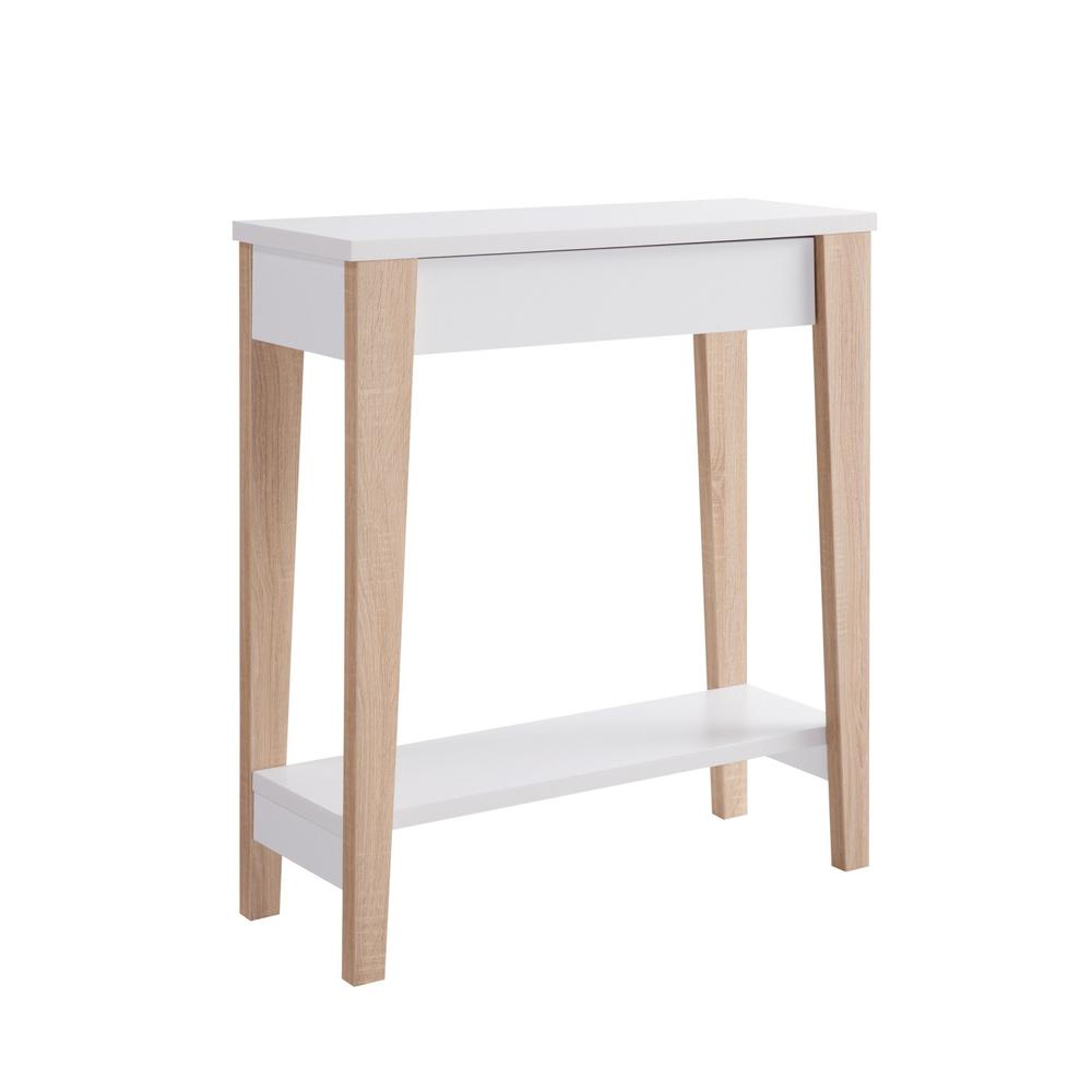 Benjara 34 Inch Console Table with Drawer and Shelf, Tapered Legs, White, Brown