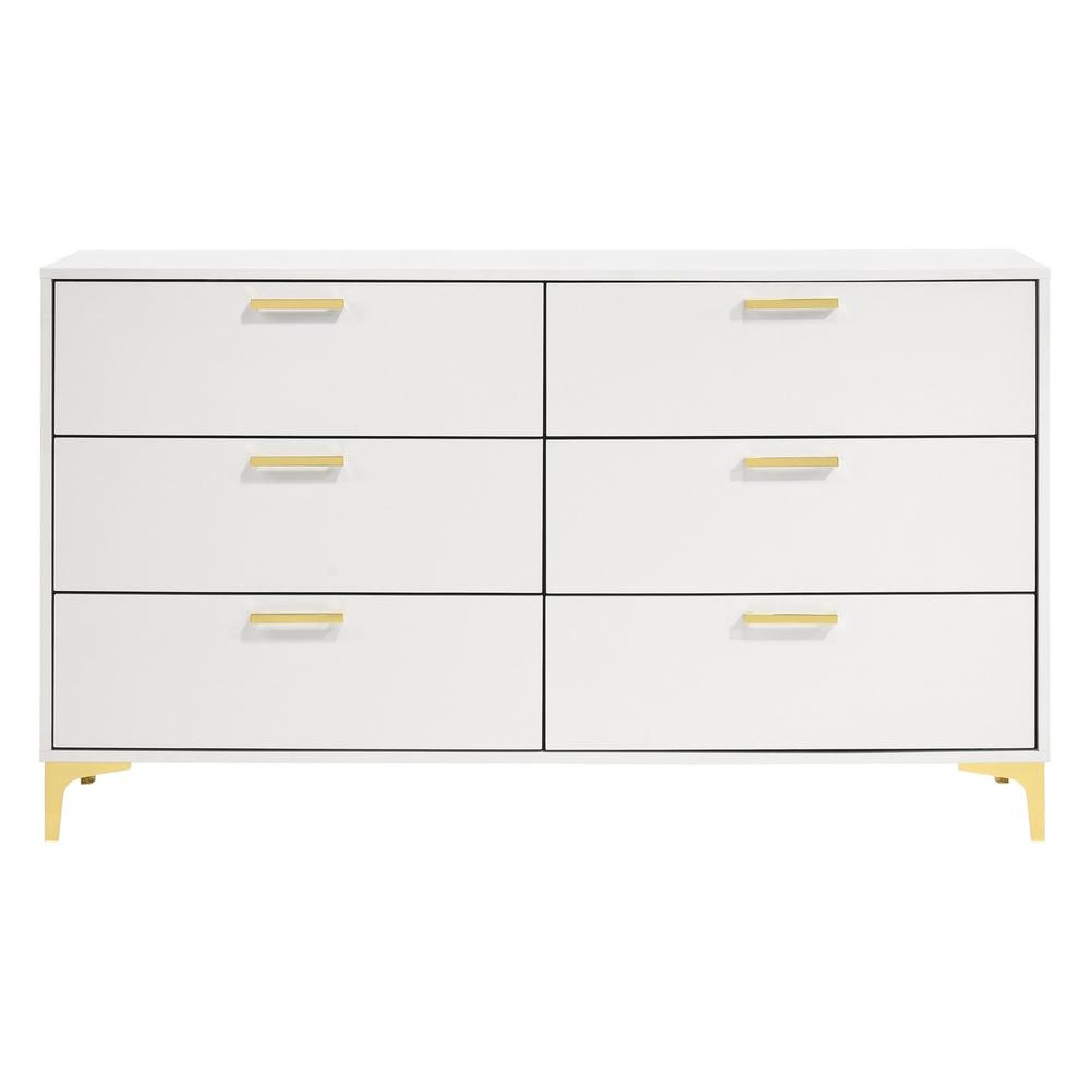 Benjara Lif 59 Inch Modern 6 Drawer Dresser, Gold Metal Accents, Brilliant White