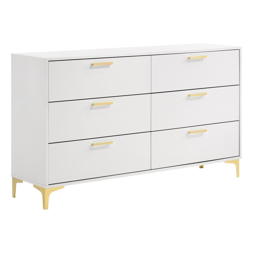 Benjara Lif 59 Inch Modern 6 Drawer Dresser, Gold Metal Accents, Brilliant White