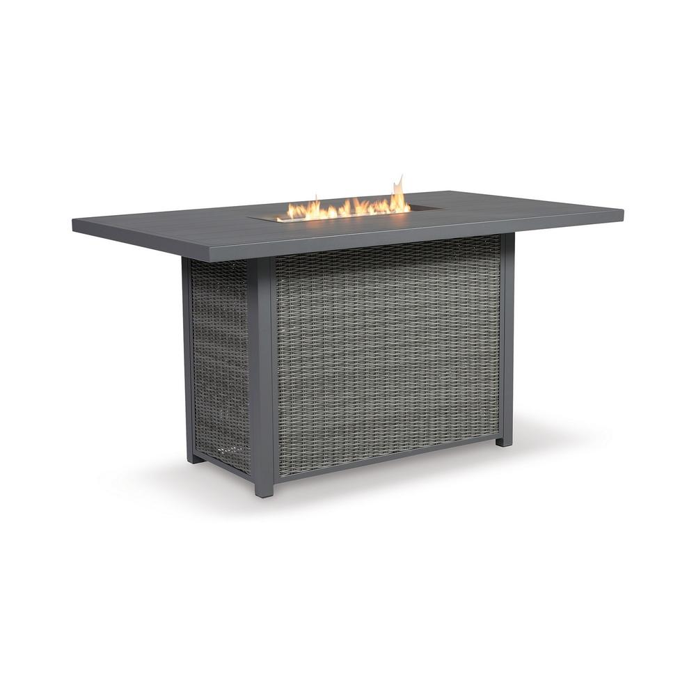 Benjara 72 Inch Outdoor Bar Table with Fire Pit, Resin Wicker, 2 Door Cabinet, Gray