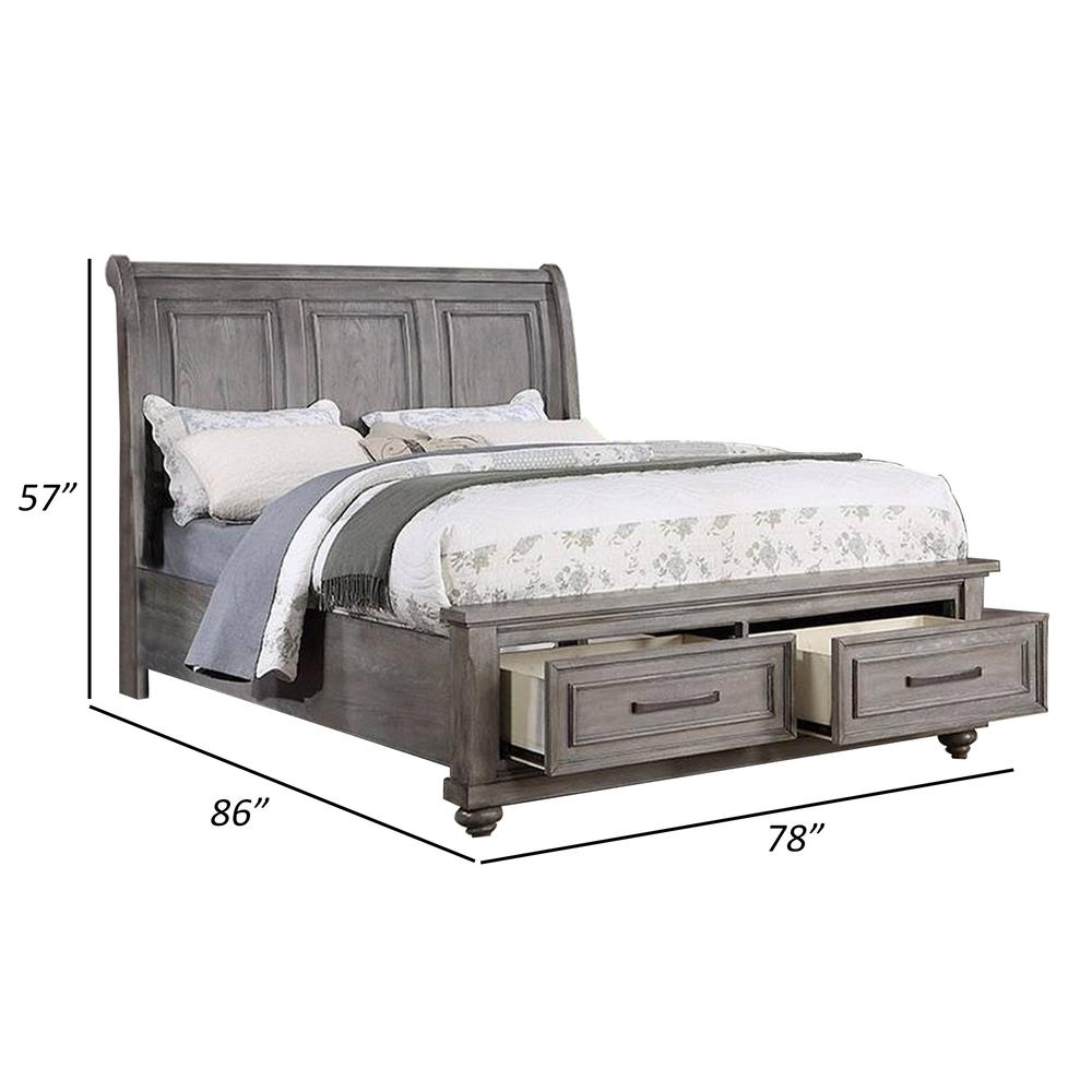 Benjara Demi King Size Bed, Sleigh Headboard, 2 Storage Drawers, Oak Gray Wood
