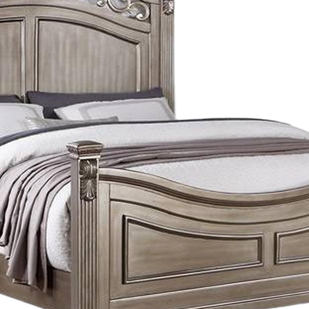 Benjara Aza Traditional Wood Queen Size Bed, Leaf Carvings, Champagne Gold Finish