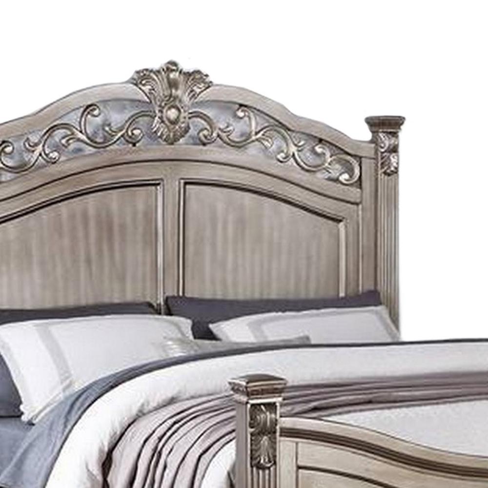 Benjara Aza Traditional Wood Queen Size Bed, Leaf Carvings, Champagne Gold Finish