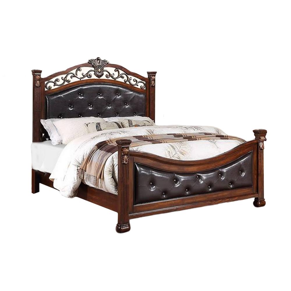 Benjara Jax California King Bed, Button Tufted Upholstered Headboard, Cherry Brown