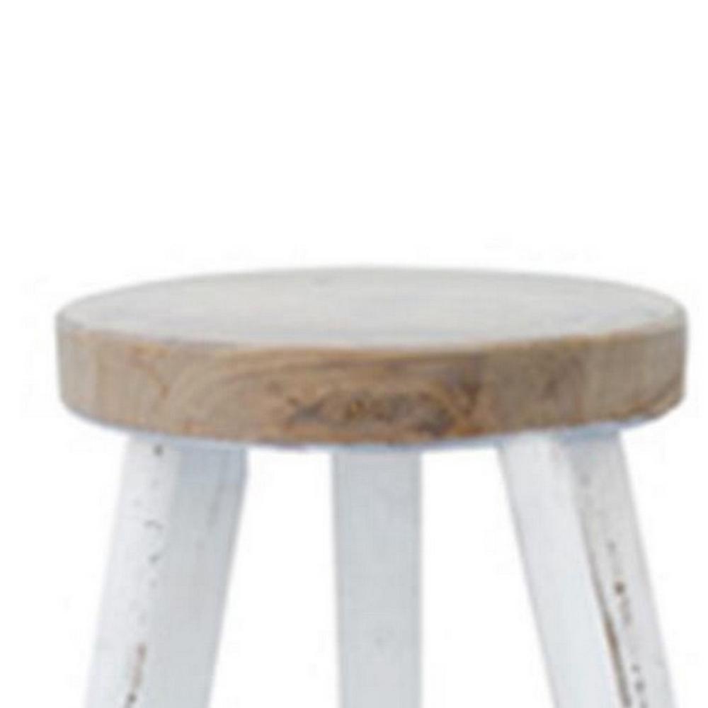 Benjara 17 Inch Accent Stool, Round Brown Seat, Hand Painted White Tripod Legs