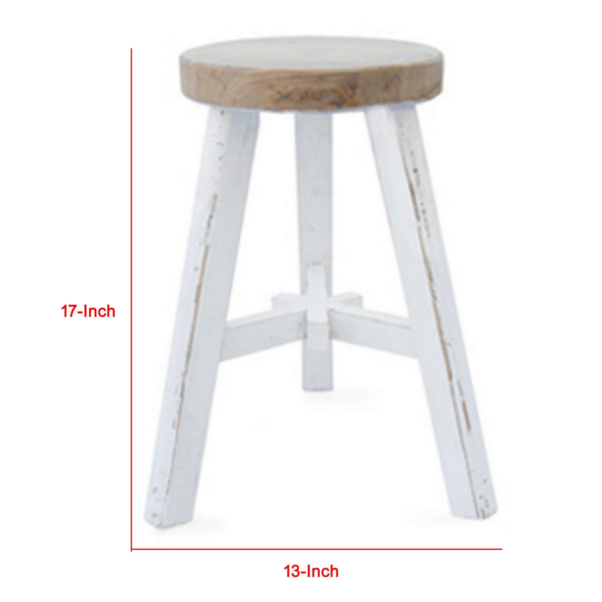 Benjara 17 Inch Accent Stool, Round Brown Seat, Hand Painted White Tripod Legs