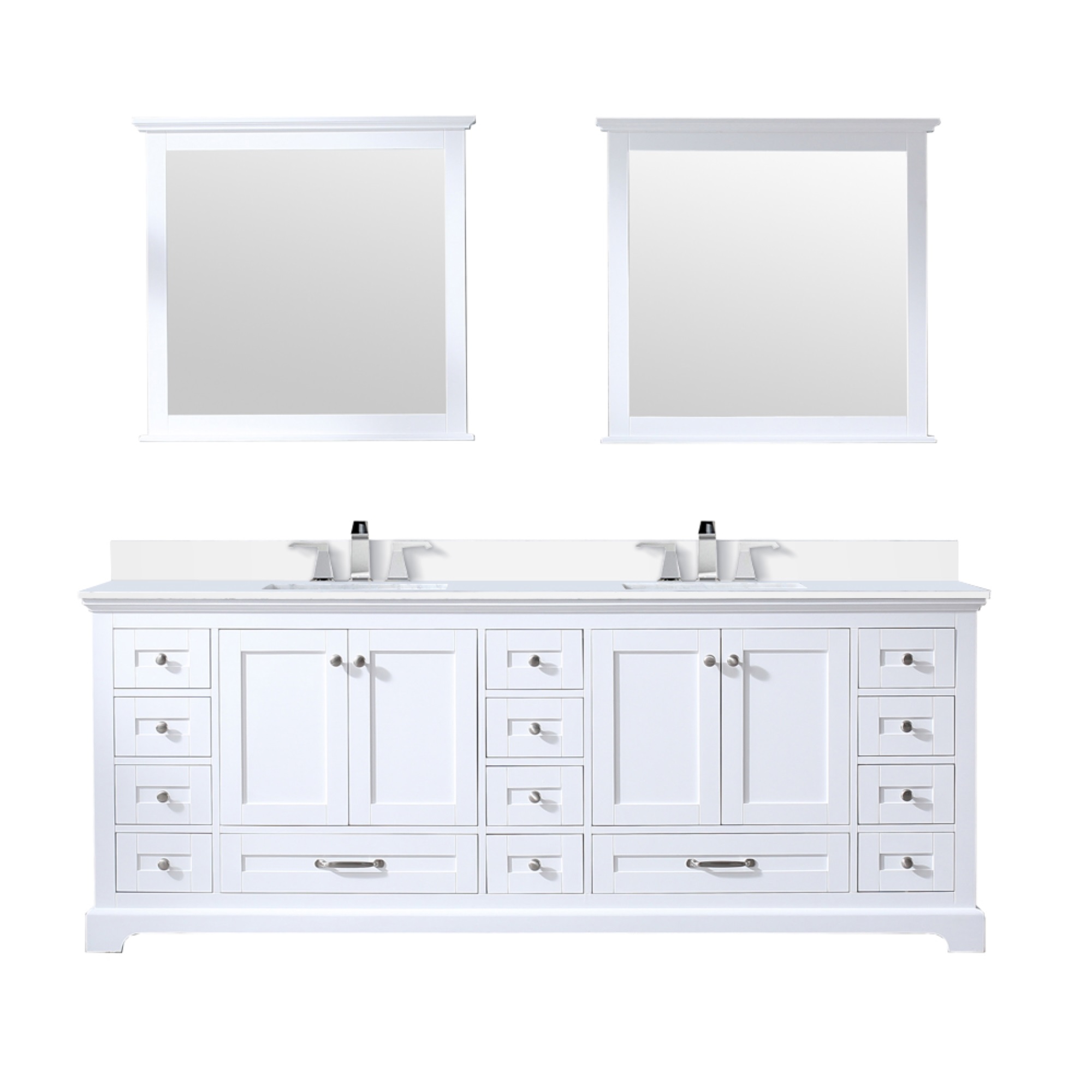 Lexora Dukes 84 in. W x 22 in. D White Double Bath Vanity, White Quartz Top, Faucet Set, and 34 in. Mirrors