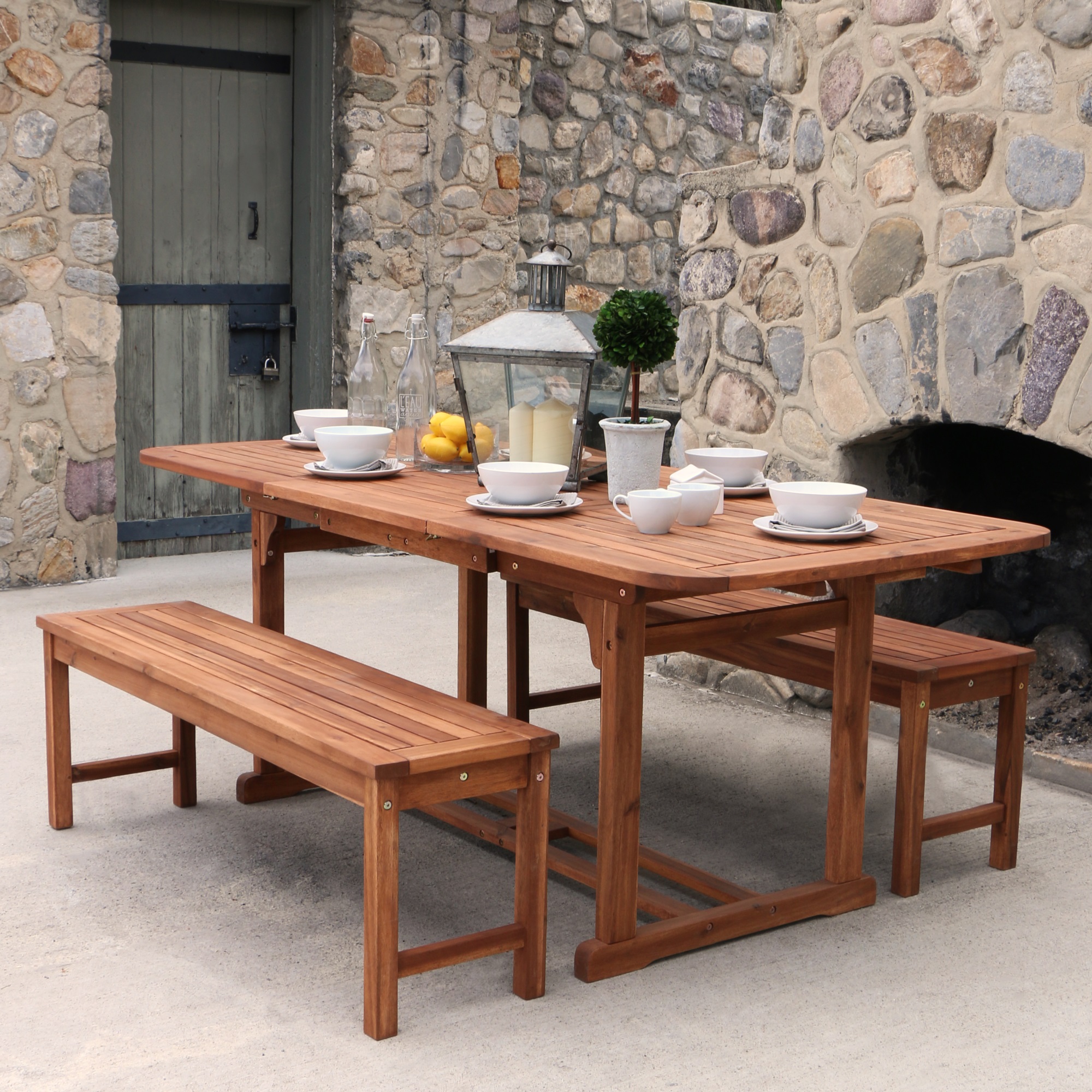 Ergode OW3SBR-2BT 3-Piece Brown Acacia Patio Dining Set - Solid Hardwood Construction, Hide-Away Butterfly Leaf, 3-Seater Bench