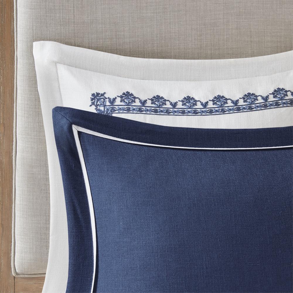 Ergode Farmhouse Style Comforter Set - Faux Linen, Blue Chainstitch Embroidery, 8 Piece Set, Oversized & Overfilled, Inc