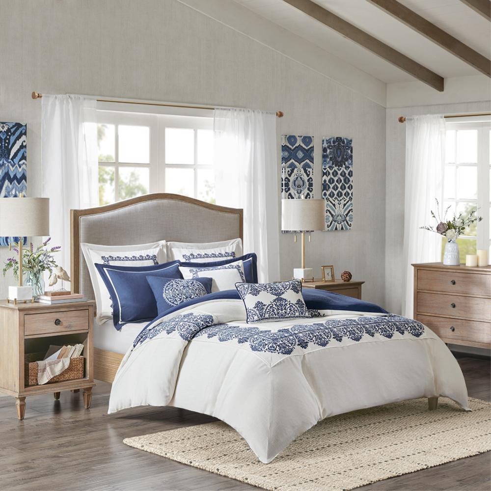 Ergode Farmhouse Style Comforter Set - Faux Linen, Blue Chainstitch Embroidery, 8 Piece Set, Oversized & Overfilled, Inc