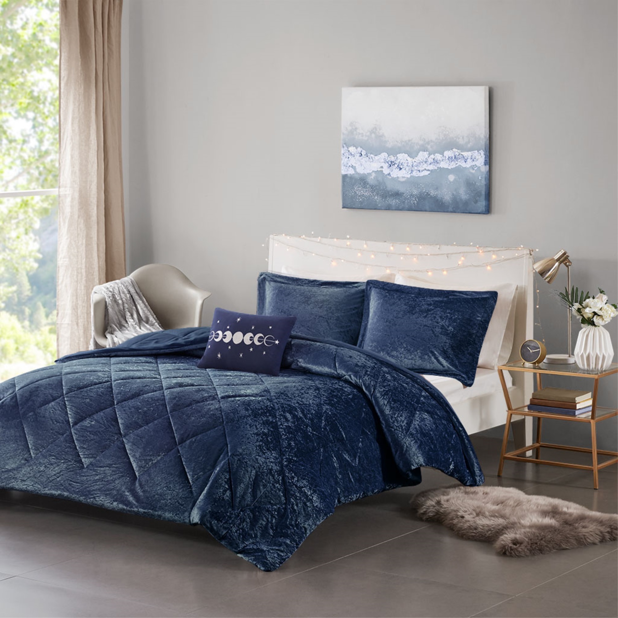 Ergode Velvet Comforter Set - Navy, Diamond Quilted, Hypoallergenic, Machine Washable - Transform Your Bedroom into a Se