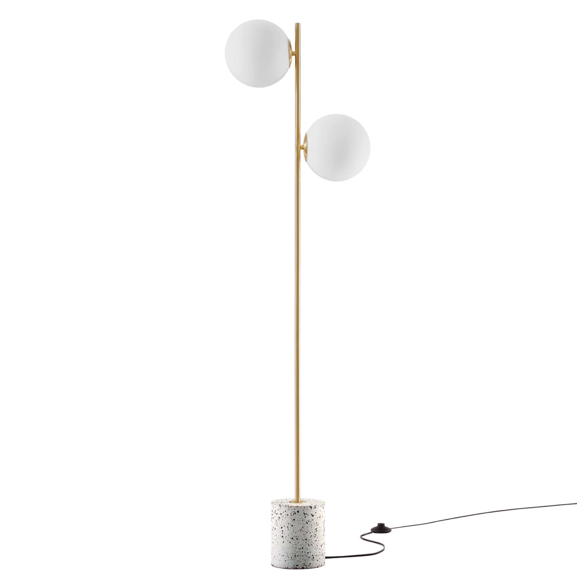 Ergode 2-Light Terrazzo Floor Lamp - Mid-Century Modern Design, Opaque Glass Globe Shades, Satin Brass Rod, Tranquil Aur
