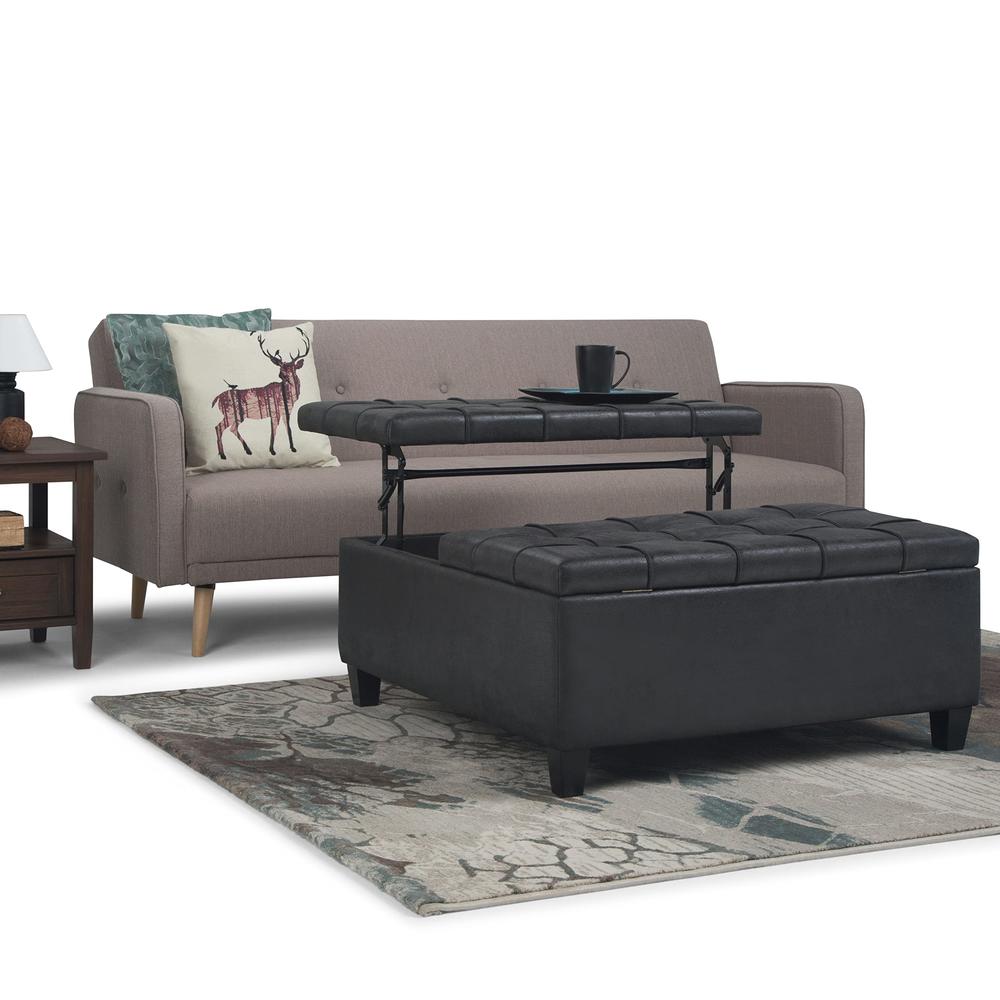 SimpliHome Harrison 36 inch Wide Transitional Square Coffee Table Storage Ottoman in Distressed Black Faux Leather