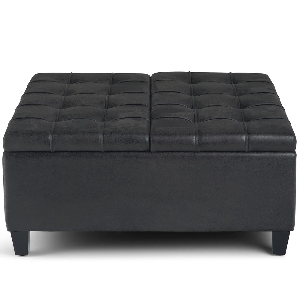 SimpliHome Harrison 36 inch Wide Transitional Square Coffee Table Storage Ottoman in Distressed Black Faux Leather