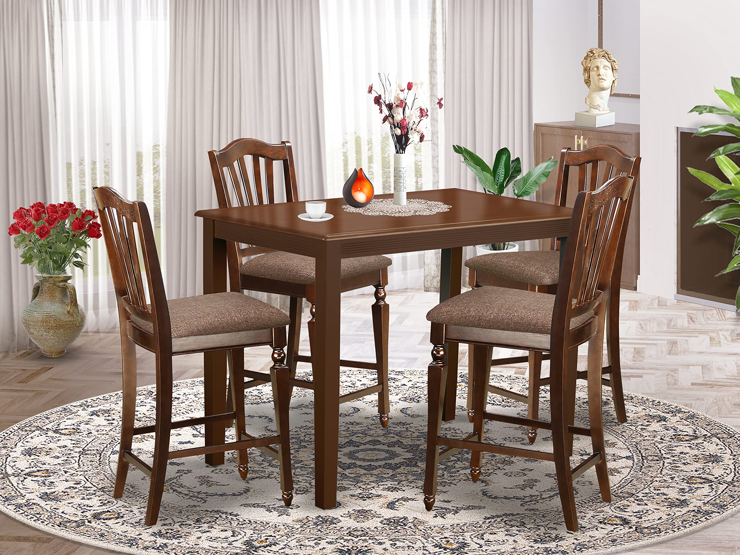 East West Furniture YACH5-MAH-C 5 Pc counter height Dining set - high Table and 4 counter height Dining chair.