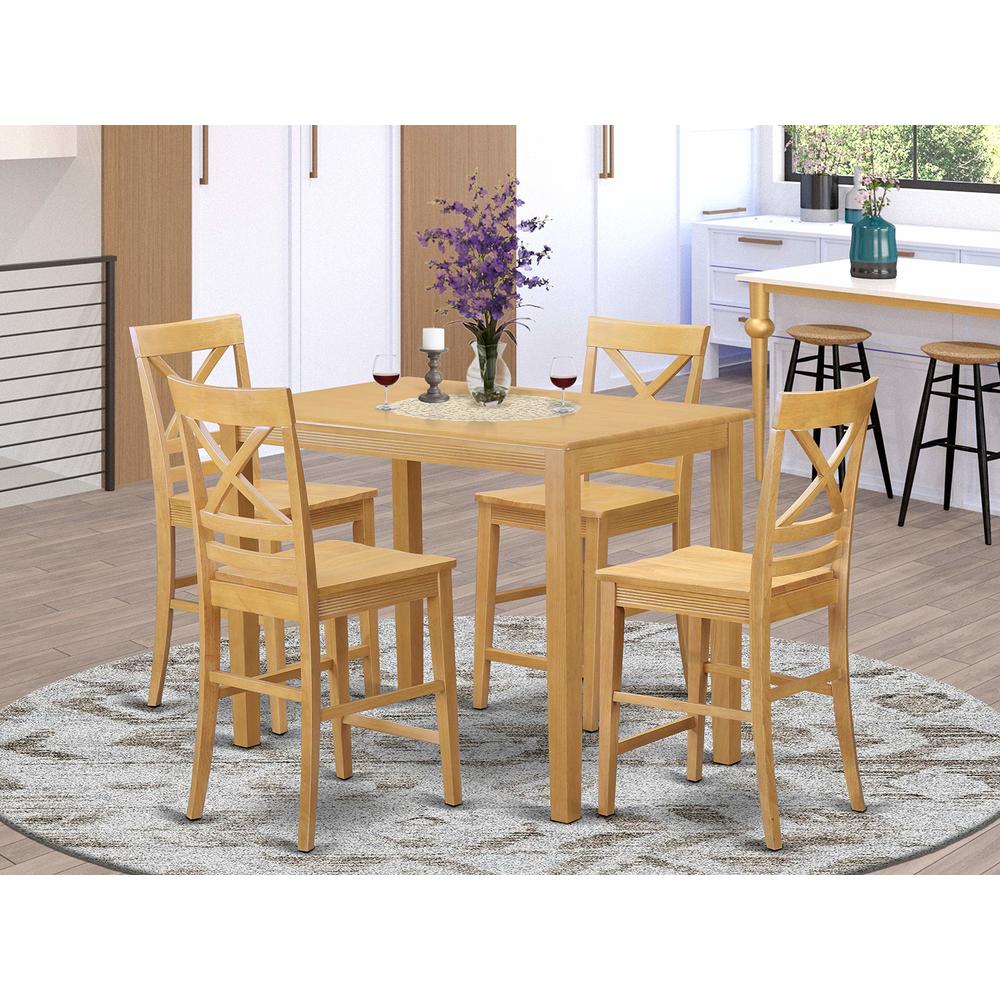 East West Furniture YAQU5-OAK-W 5 Pc counter height pub set-pub Table and 4 counter height Dining chair
