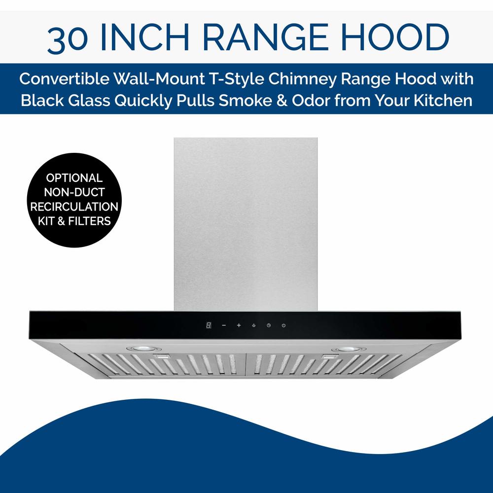 Broan-NuTone BWT2304SSB Convertible Wall-Mount LED Lights T-Style Chimney Range Hood, Stainless Steel Black Glass