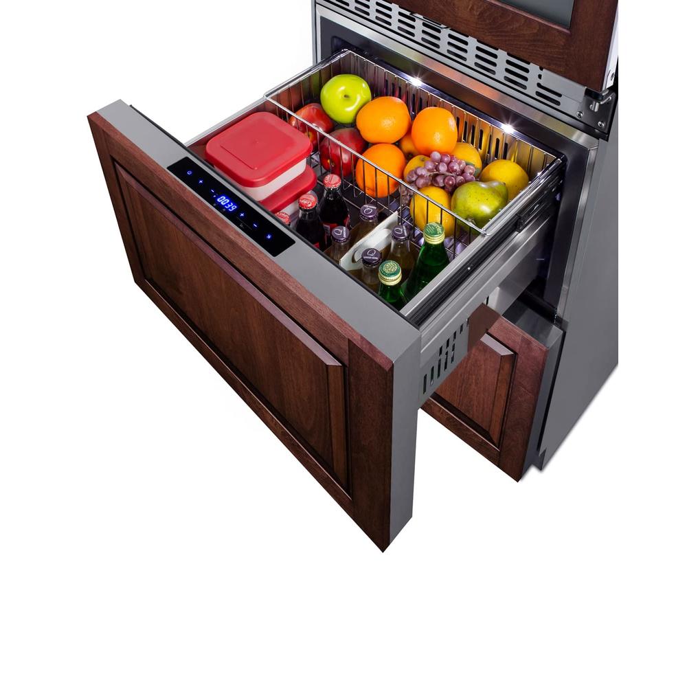 Summit Appliance 24" wide combination built-in/freestanding upright dual zone wine cellar and 2-drawer refrierator-freezer, panel-ready front
