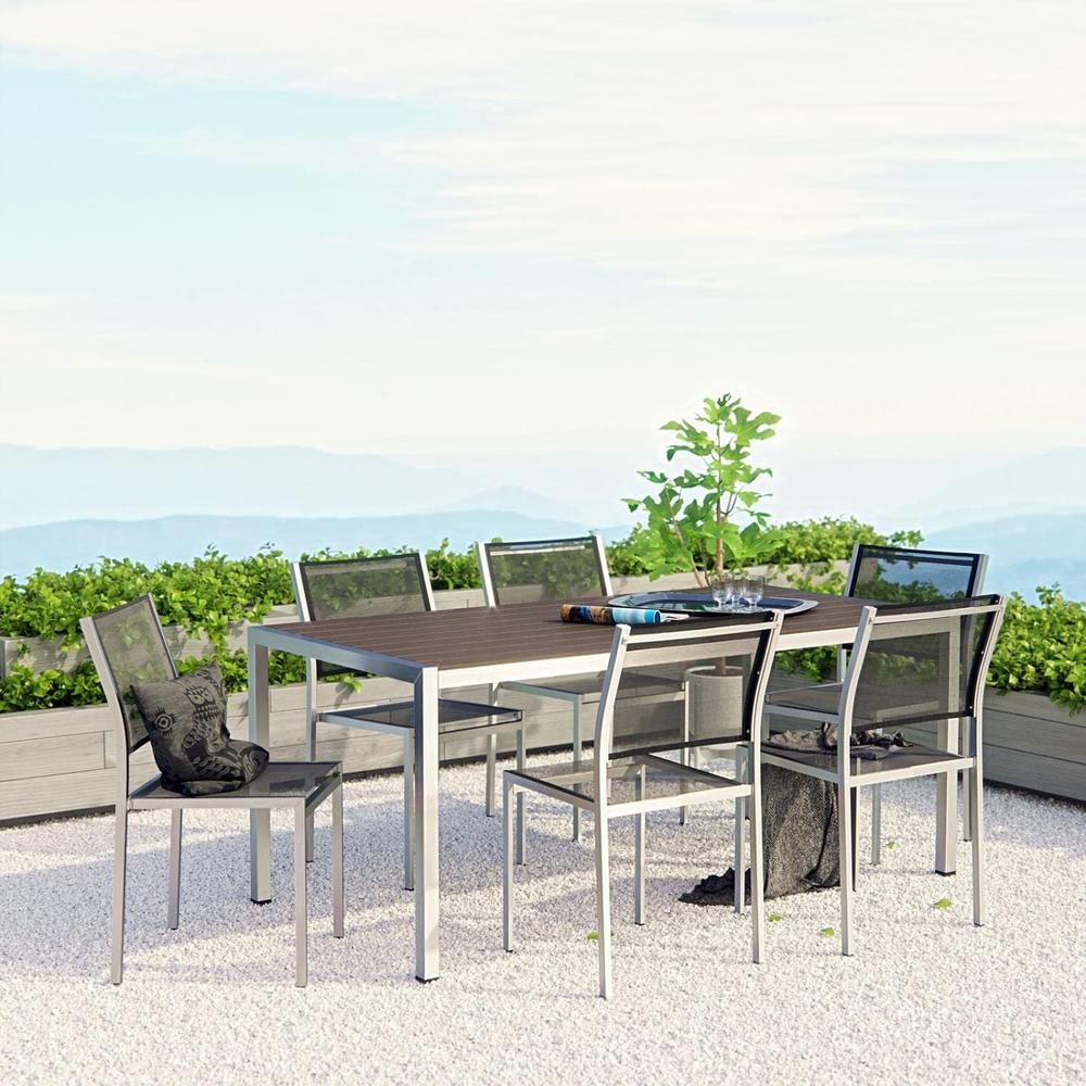 Modway Shore 7-Piece Aluminum Outdoor Patio Dining Table Set in Silver Black