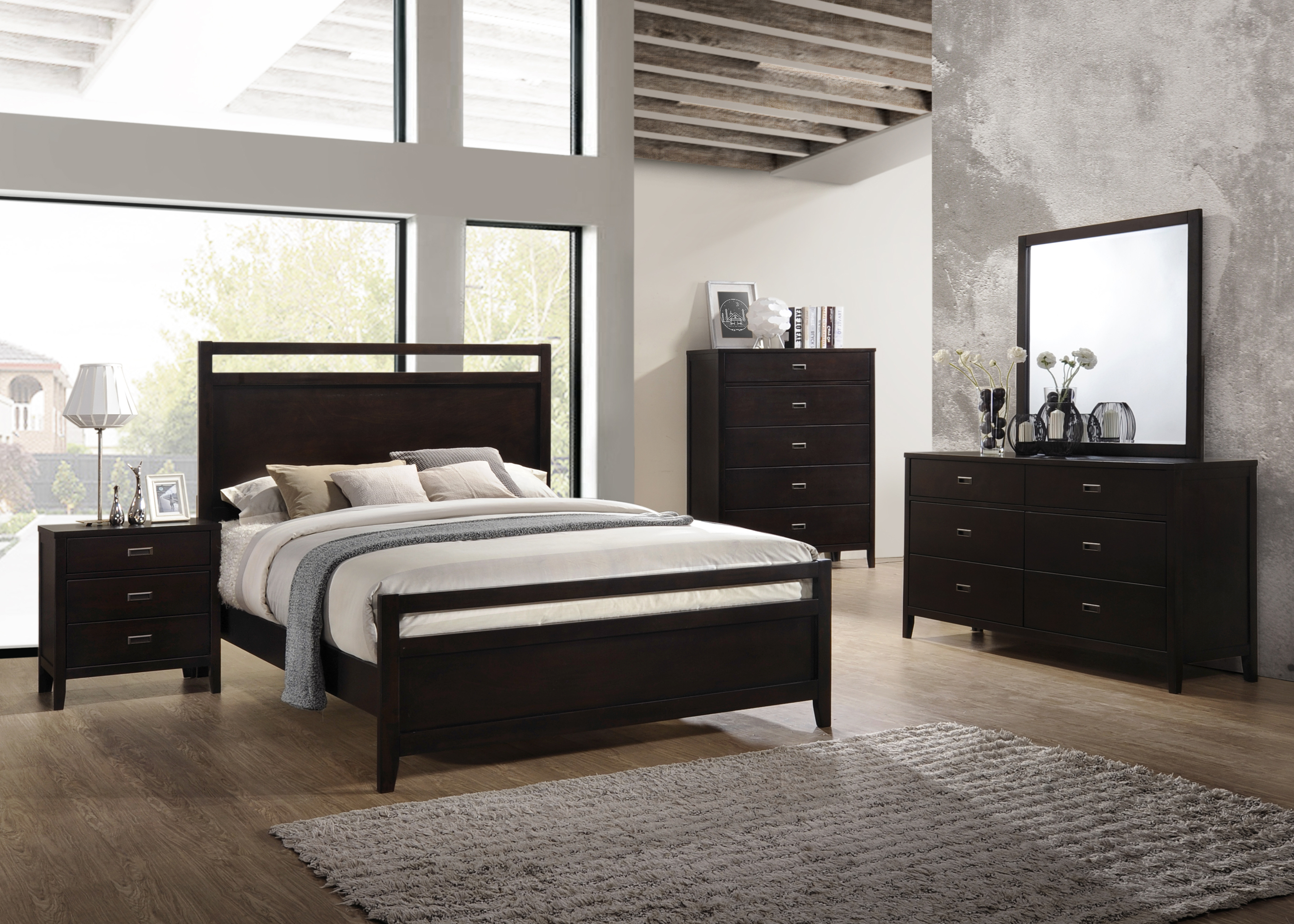 Pilaster Designs Kovar 4 Piece Bedroom Set Queen Dark Cherry