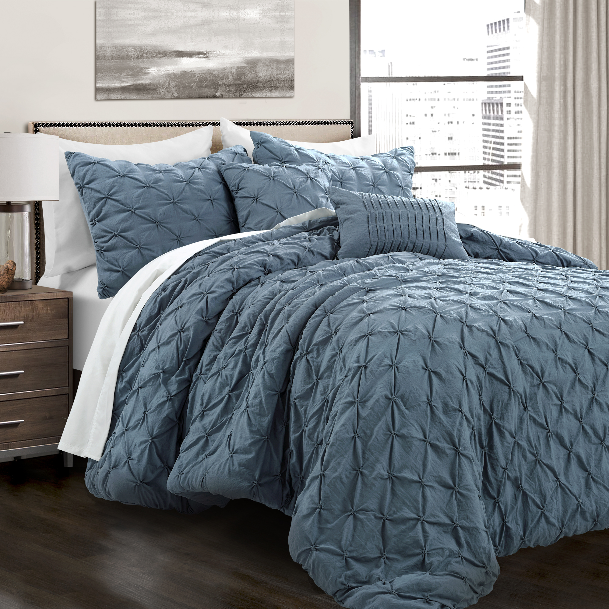 Lush Decor Ravello Pintuck Comforter Stormy Blue 5pc Set Full Queen
