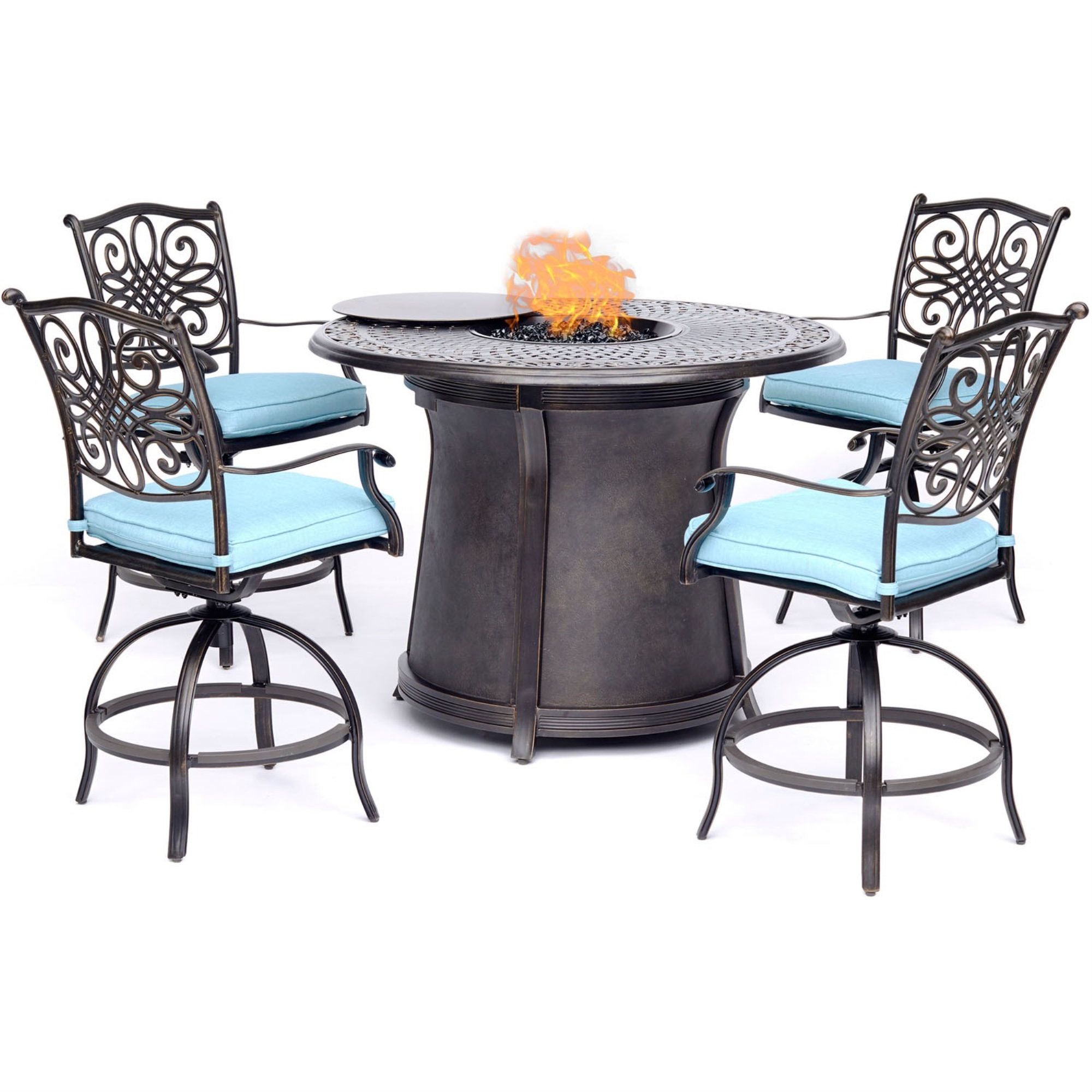 Hanover Trad5pcfprd Br B Traditions 5 Piece High Dining Set In Blue With 4 Swivel Chairs And A 40 000 Btu Cast Top Fire Pit Table Alumicast Blue