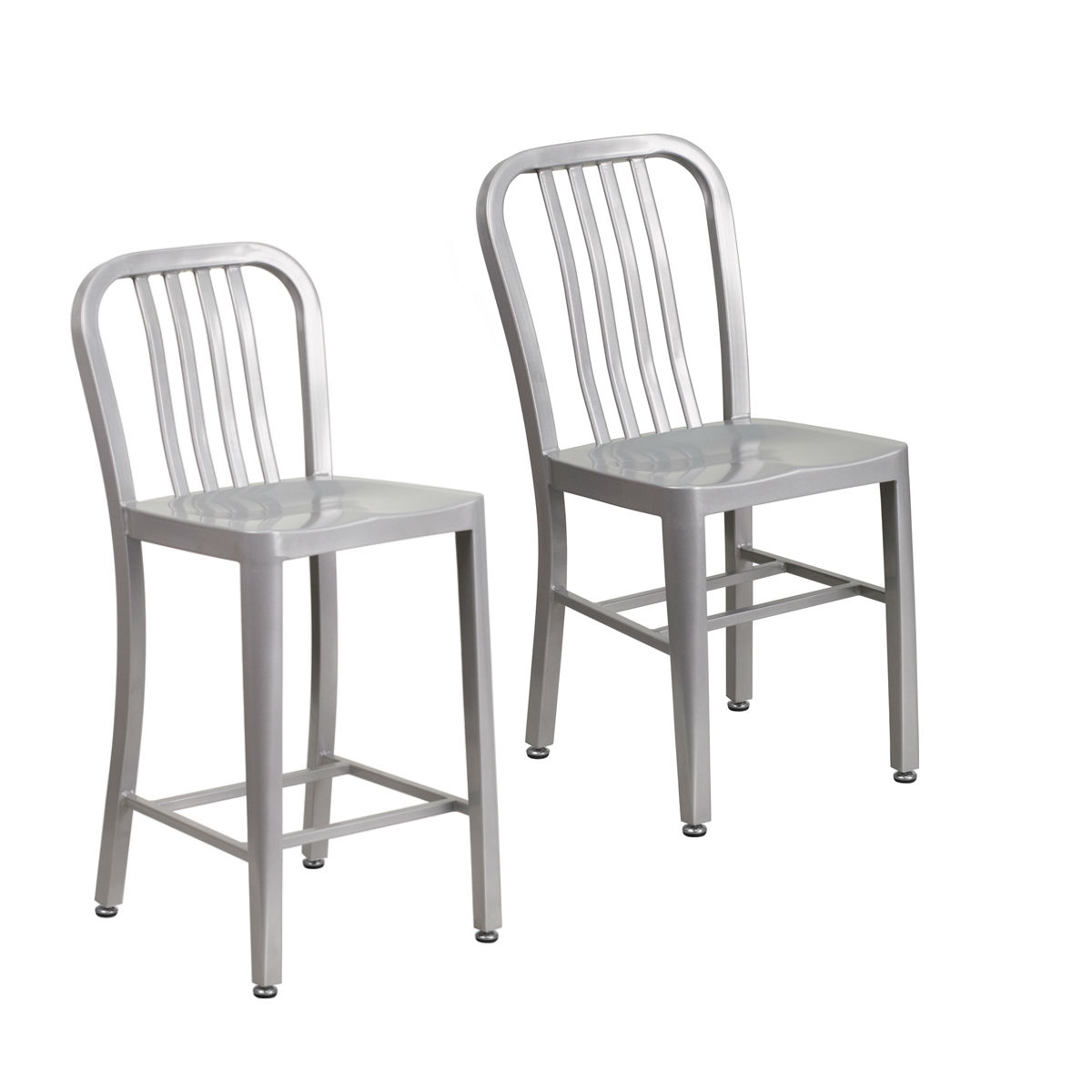 Flash Furniture Silver Metal Indoor-Outdoor Chair with 24'' High Silver Metal Indoor-Outdoor Counter Height Stool with Verti