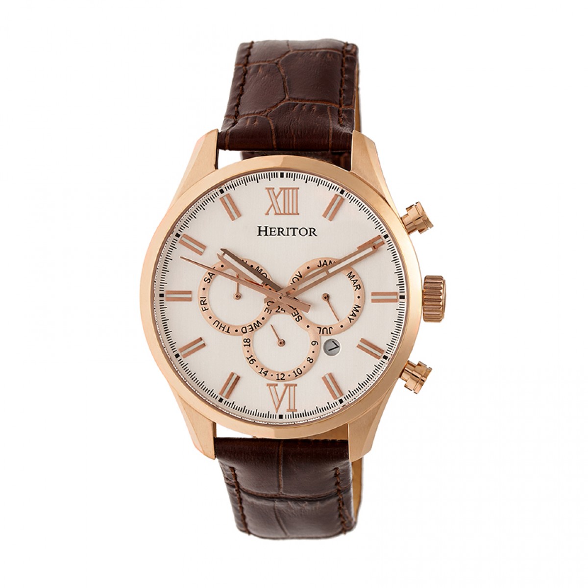 Heritor Automatic Benedict Leather-Band Watch with Day/Date, Silver/Brown, HERHR6804