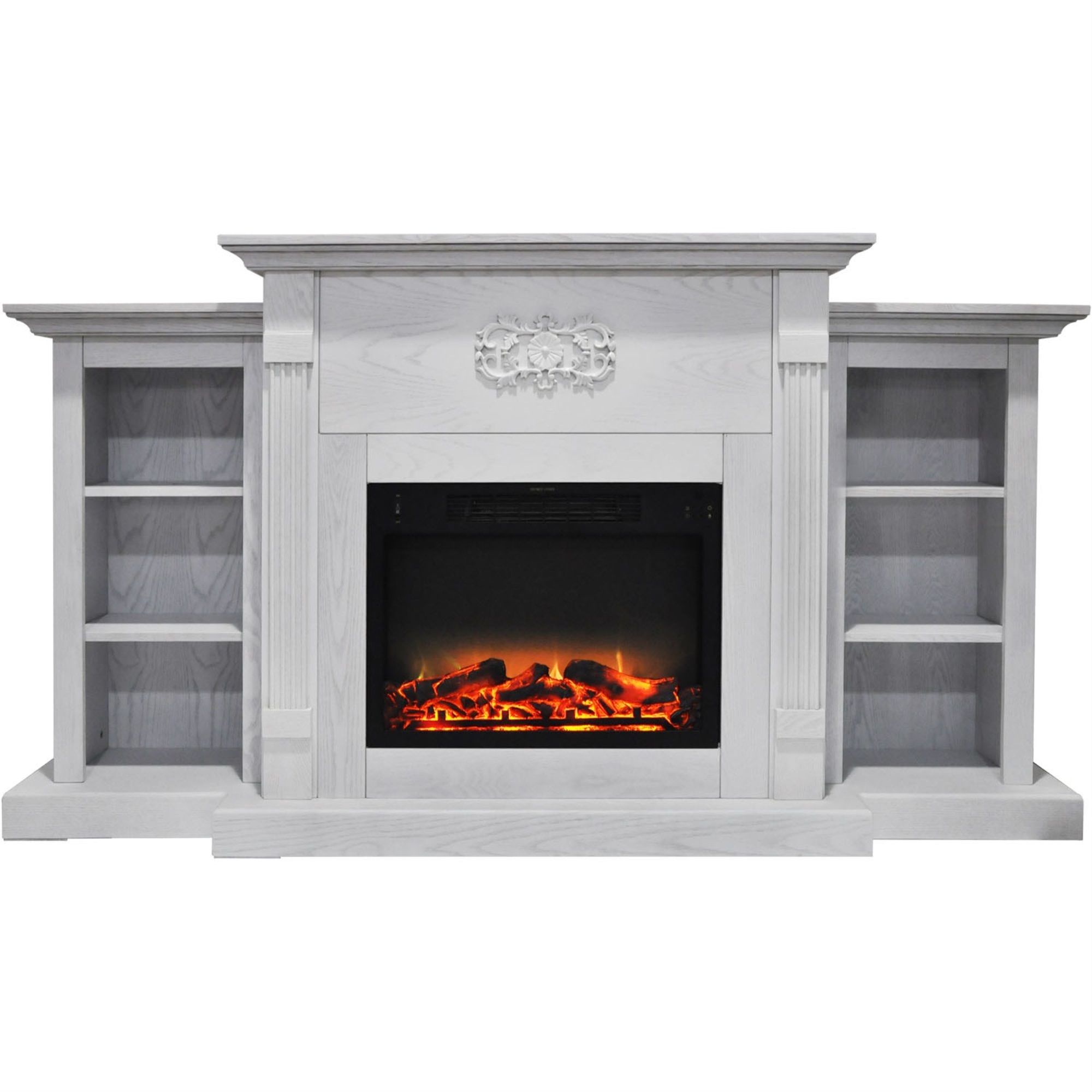 Cambridge 72 In. Electric Fireplace in White with Bookshelves and an Log Display