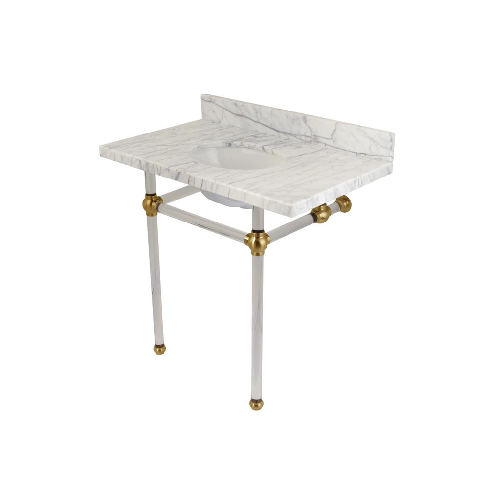Fauceture Kingston Brass KVPB36MA7 Templeton 36X22 Carrara Marble Vanity Top with Clear Acrylic Feet Combo, Carrara Marble/Brushed Brass