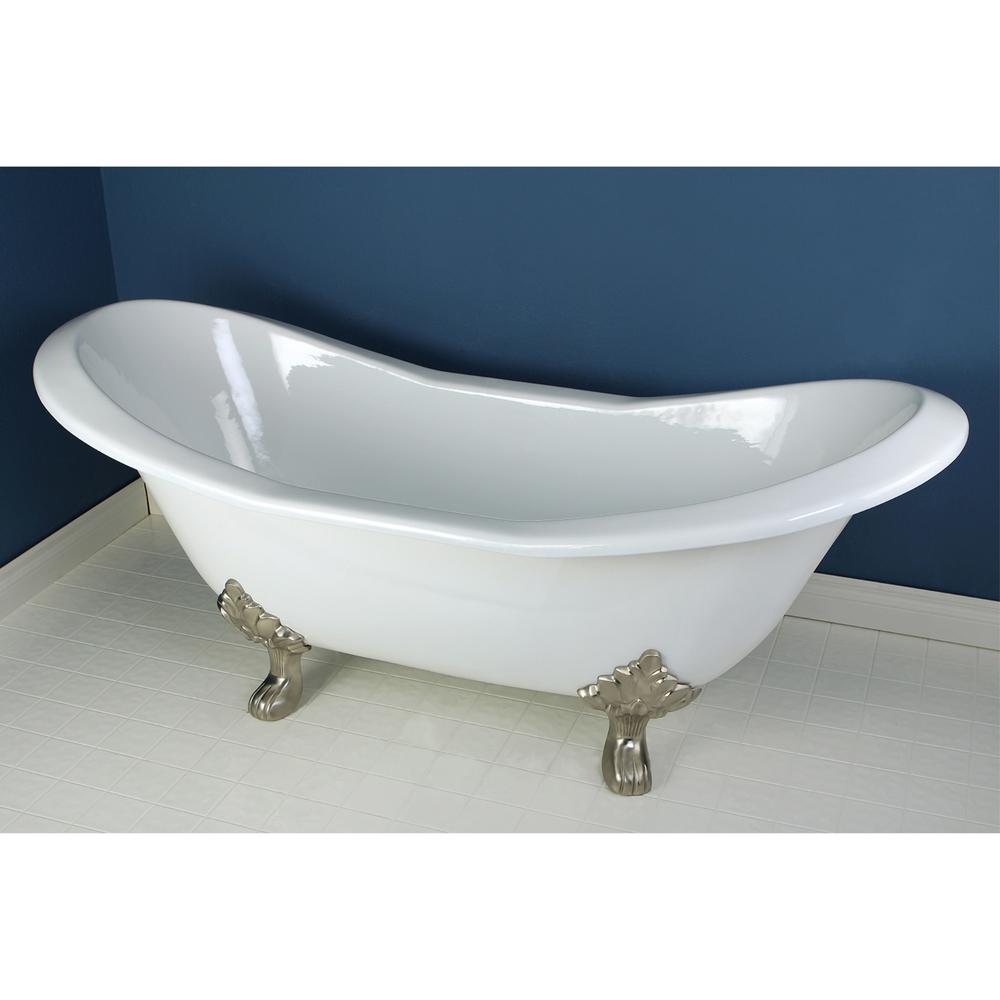 Kingston Brass Aqua Eden VCT7D7231NC8 72-Inch Cast Iron Double Slipper Clawfoot Tub with 3-3/8 Inch Wall Drillings, White/Brushed Nickel