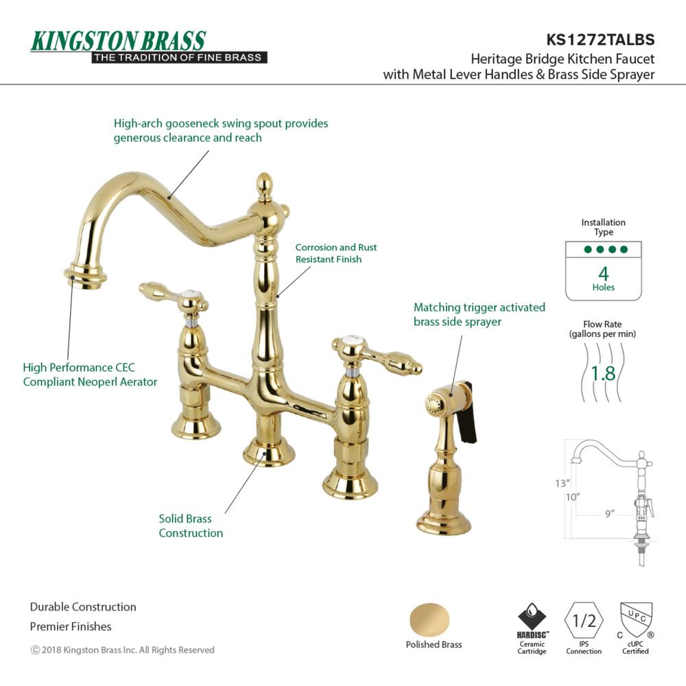 Kingston Brass KS1272TALBS Bridge Kitchen Faucet with Brass Sprayer, Polished Brass