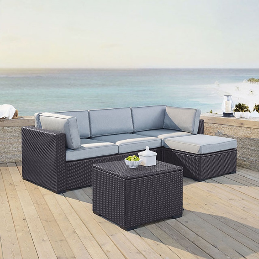 Ergode BISCAYNE 4 PERSON OUTDOOR WICKER SEATING SET IN MIST - ONE LOVESEAT, ONE CORNER CHAIR, OTTOMAN, COFFEE TABLE