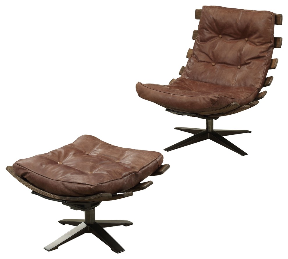 HomeRoots Furniture 27" X 35" X 33" 2Pc Retro Brown Top Grain Leather Chair And Ottoman