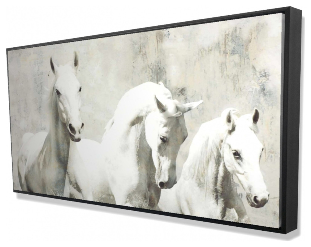 Three White Horses Running - Framed Print on canvas by Begin Edition