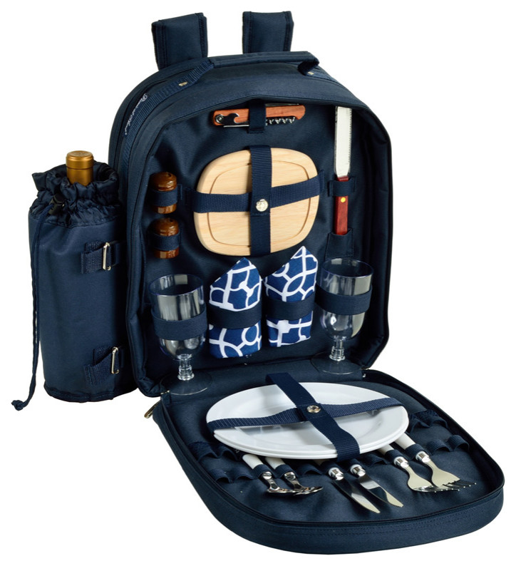 Picnic At Ascot Deluxe Equipped 2 Person Picnic Backpack, Navy/Trellis Blue