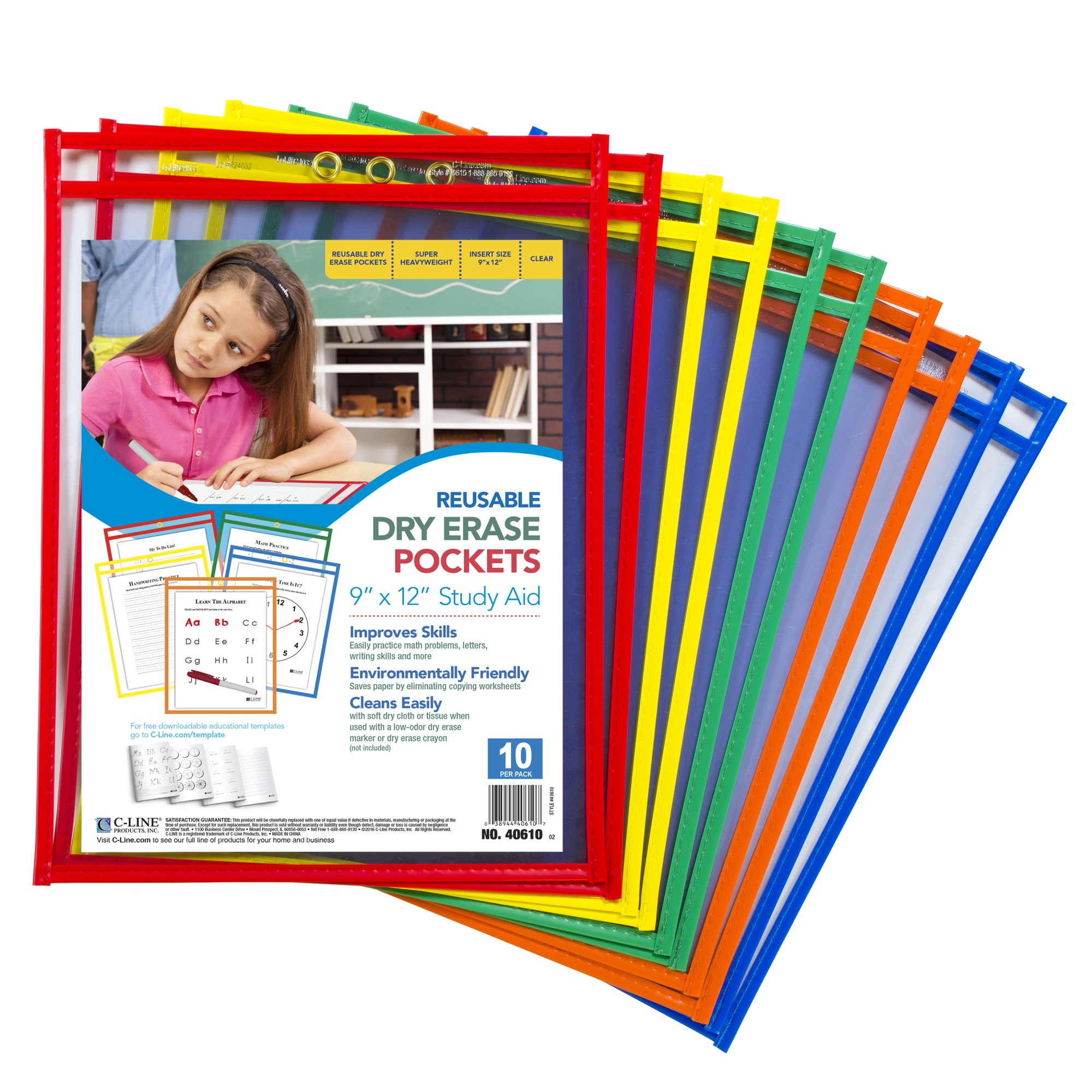 C-Line Reusable Dry Erase Pockets, Assorted Primary Colors, 9 x 12, 10/PK, 40610
