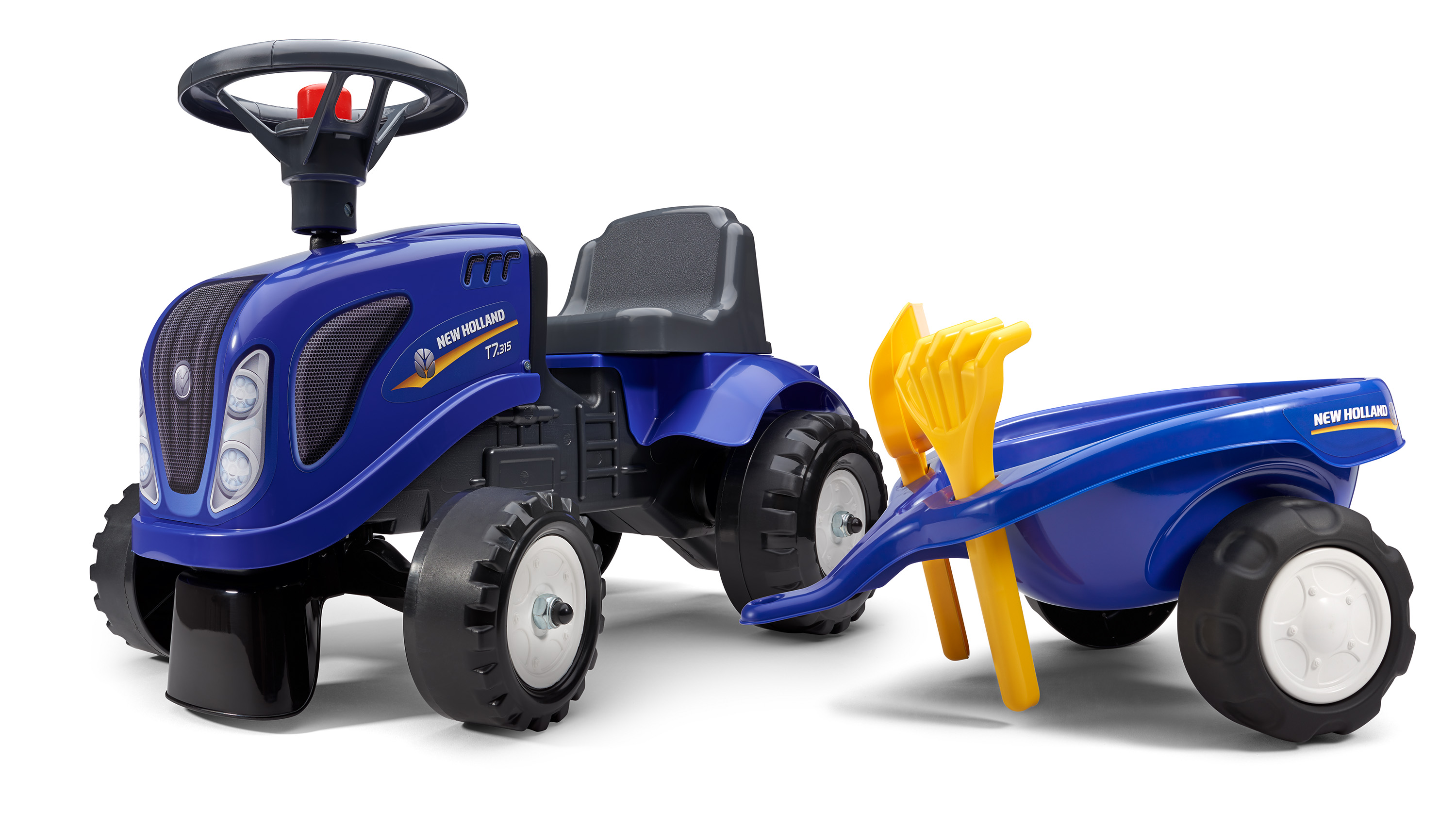 Falk New Holland Ride-On and Push-Along tractor with trailer and tools +1 year