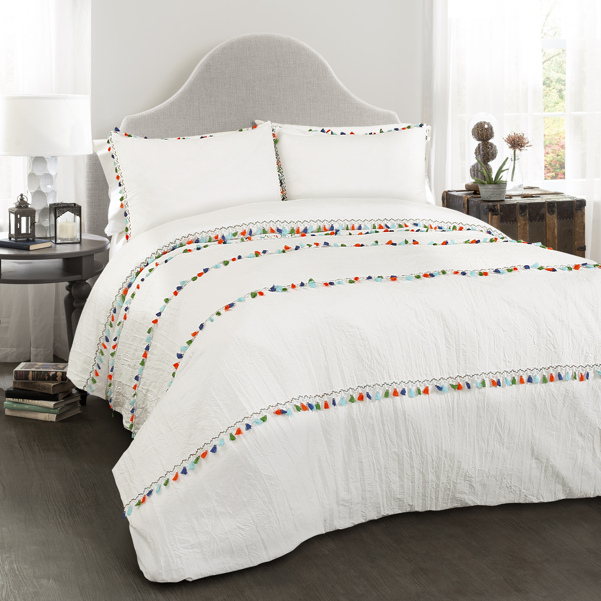Lush Decor White Boho Tassel Comforter 3 Piece Bohemian Style Bedding Set with Pillow Shams-King