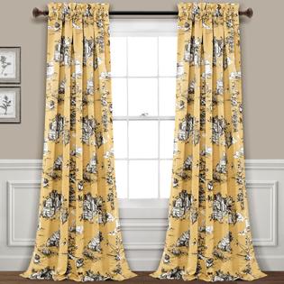 Half Moon French Country Toile Room Darkening Window Curtain Panels Yellow Gray 52x84 2 Set