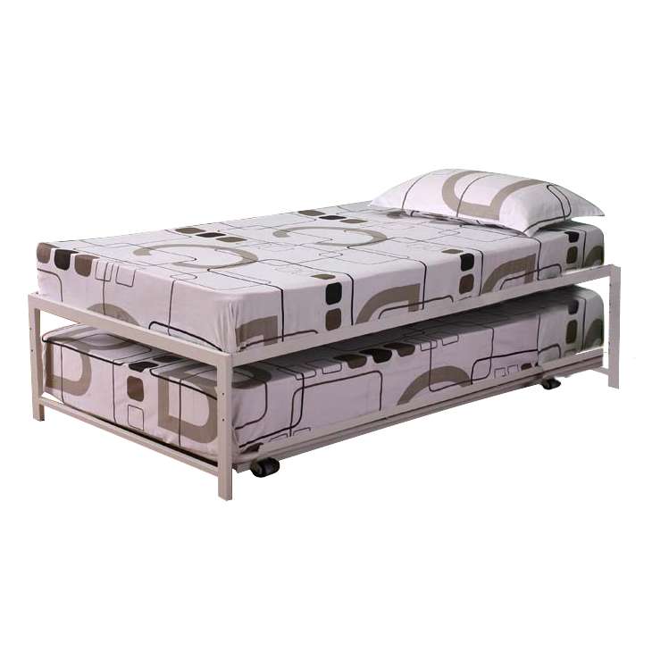 Twin Size White Metal High Riser Bed, Twin Size Pop Up Trundle Bed Frame