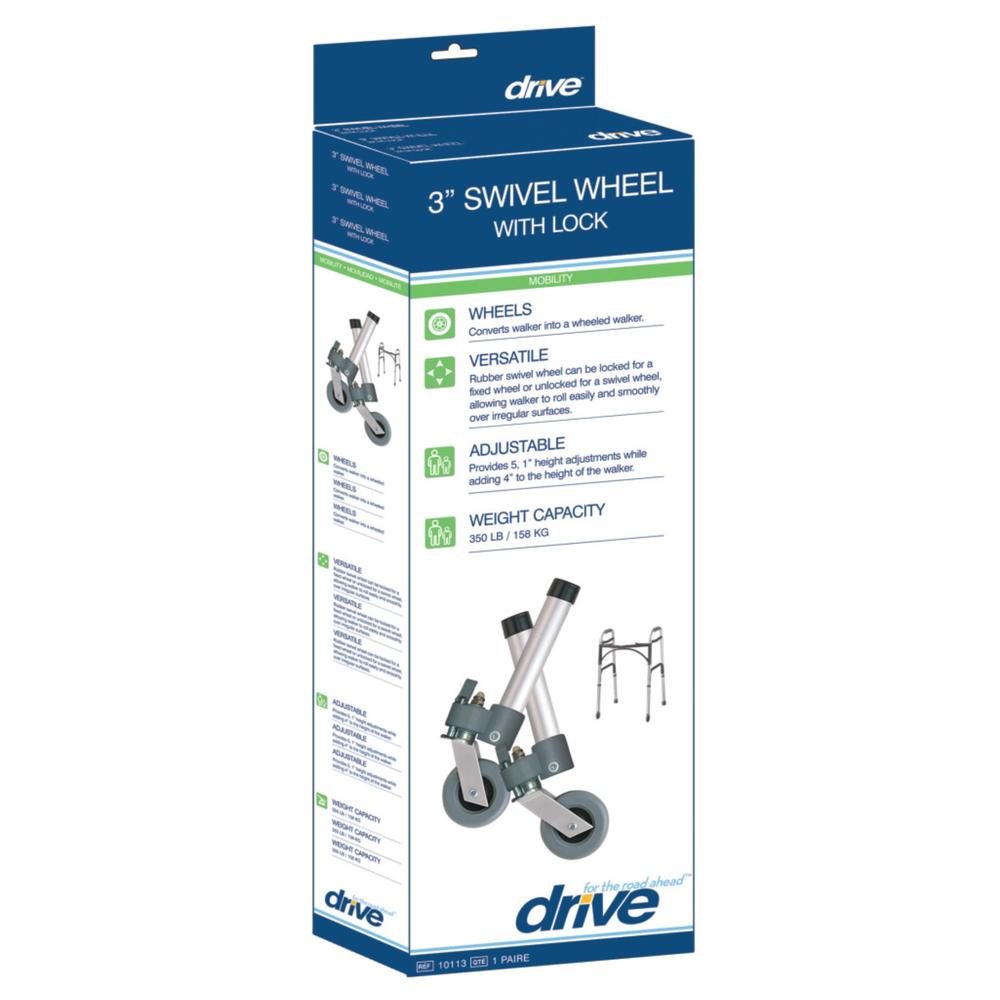 Drive Medical Locking Swivel Walker Wheels with Two Sets of Rear Glides, Gray