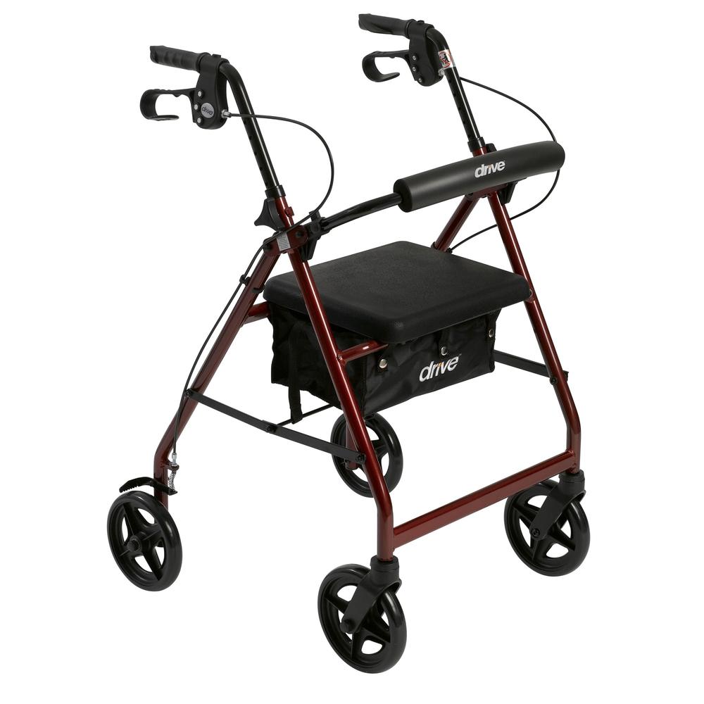 Drive Medical Aluminum Rollator with Fold Up and Removable Back Support and Padded Seat, Red