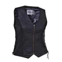Premium Ladies Premium Leather Motorcycle Zippered Vest,Black,Size - Large