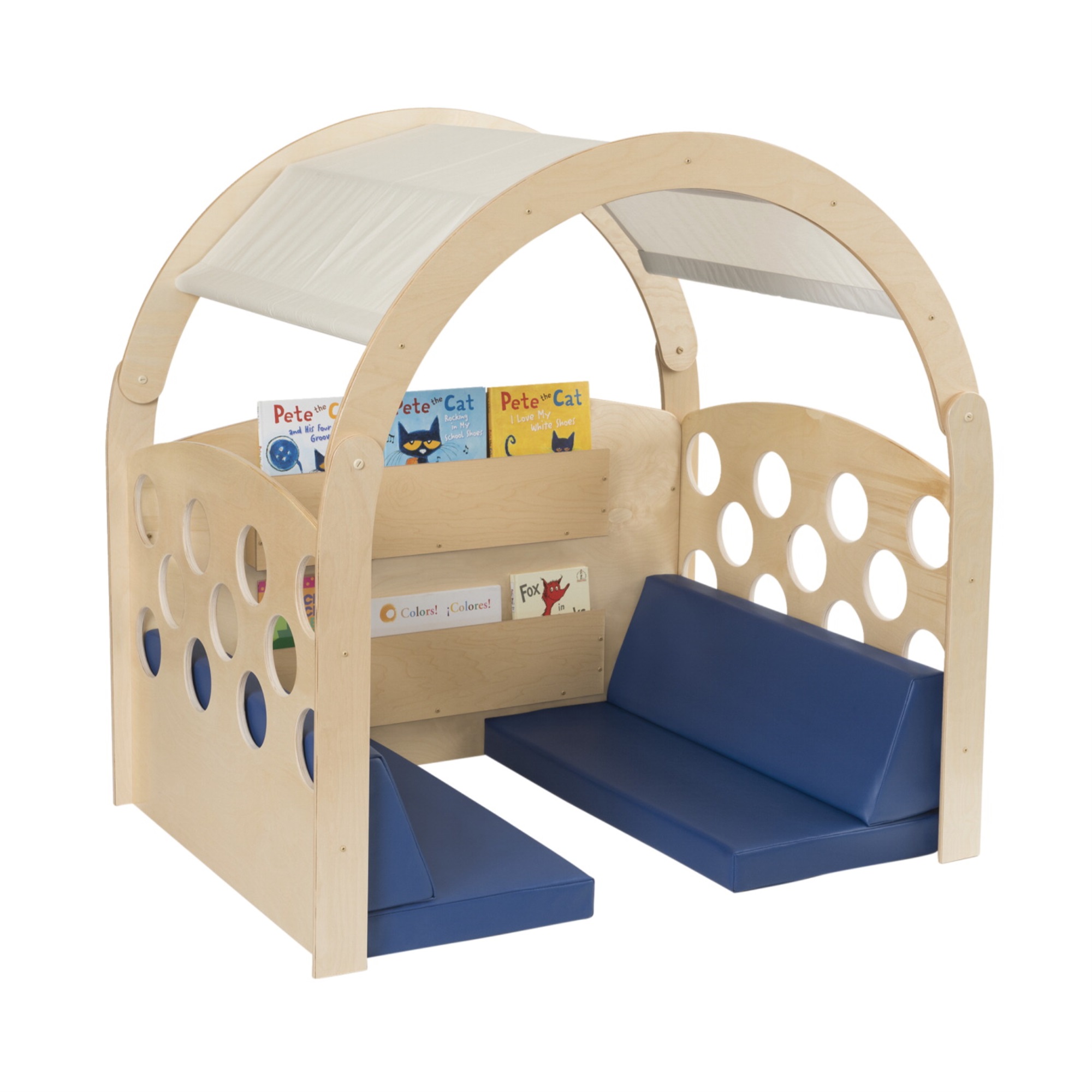 Childcraft Reading Nook, Tan/Red Canopy with Blue Cushions, 49-1/2  W x 37 D x 50 H in