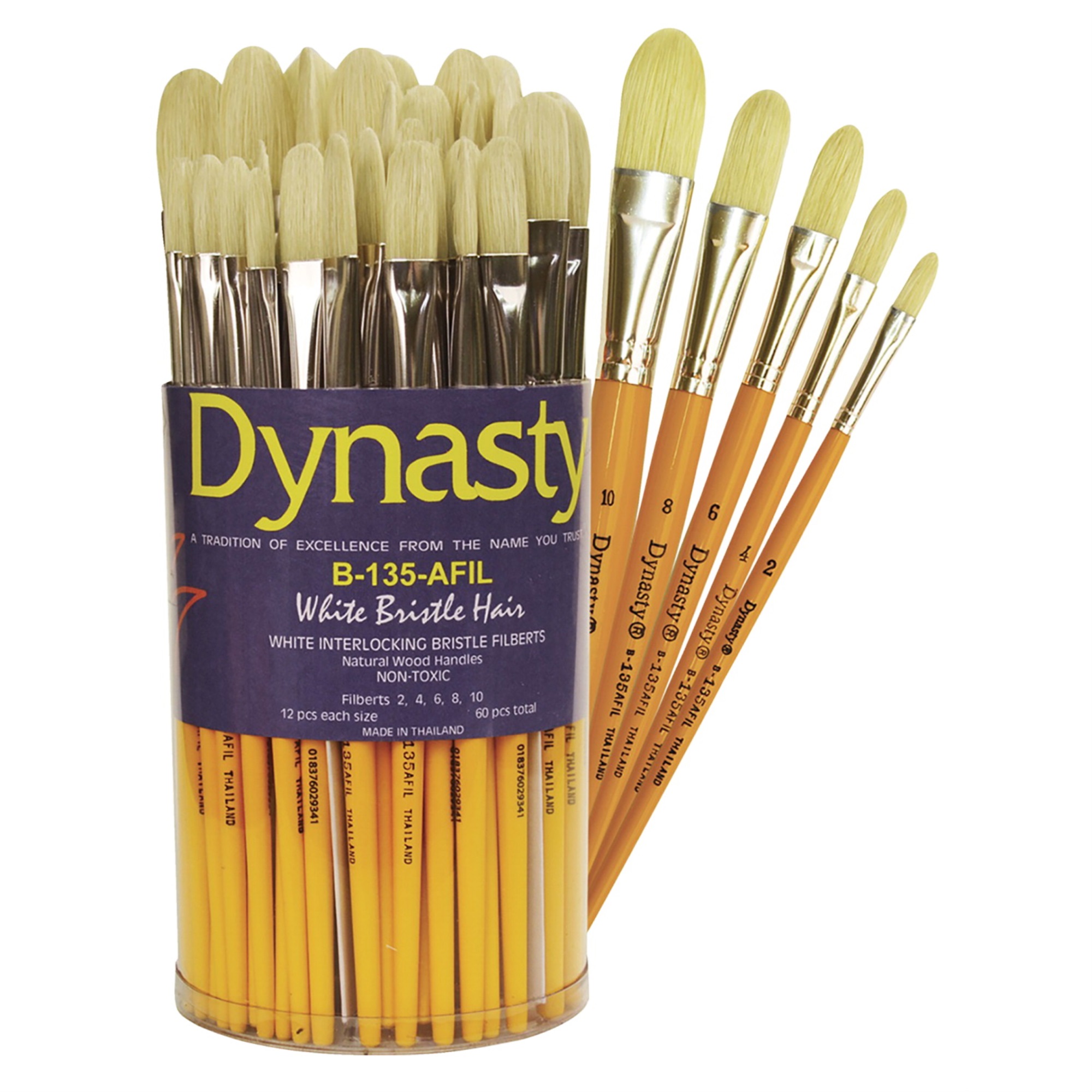 Dynasty Brush Dynasty Canister B-135-AFIL White Bristle Hair Canister, Assorted Sizes, Filberts, Set of 60