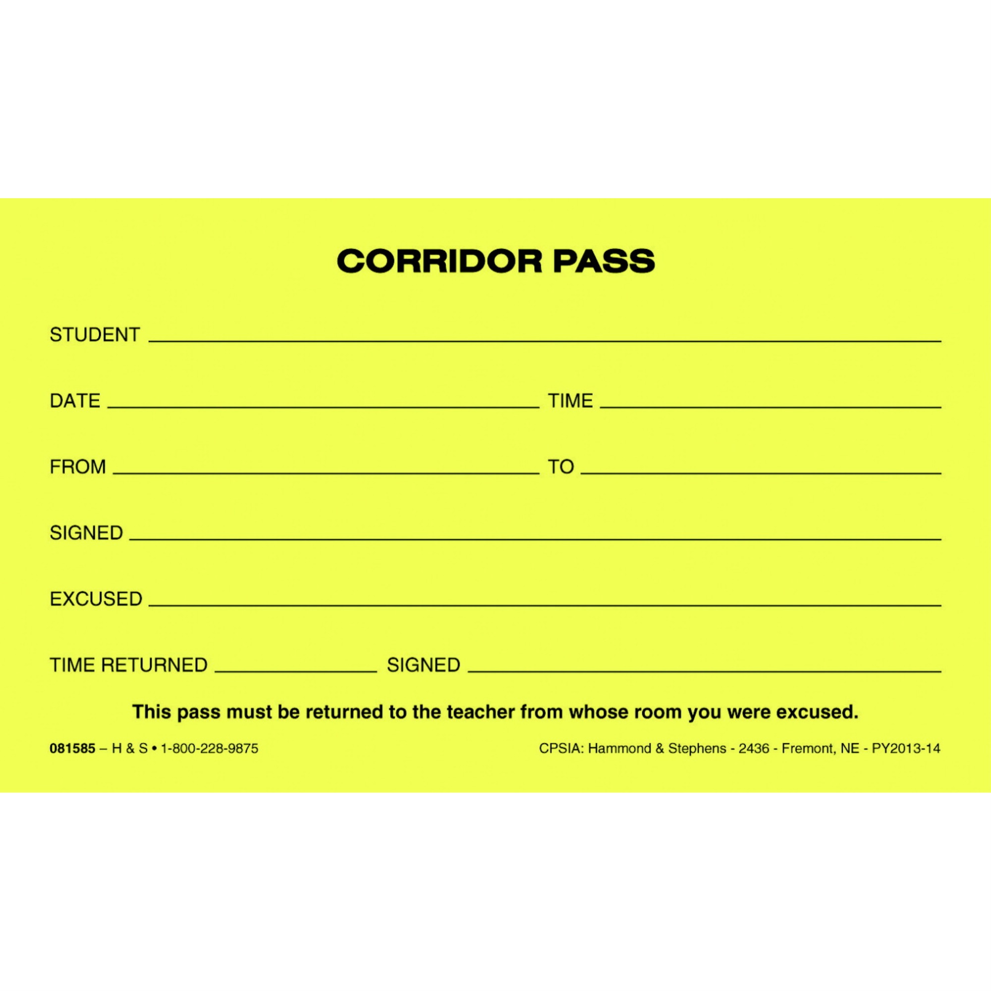 Hammond And Stephens Hammond &amp; Stephens Corridor Pass, Yellow, Set of 10 Pads with 100 Sheets Each