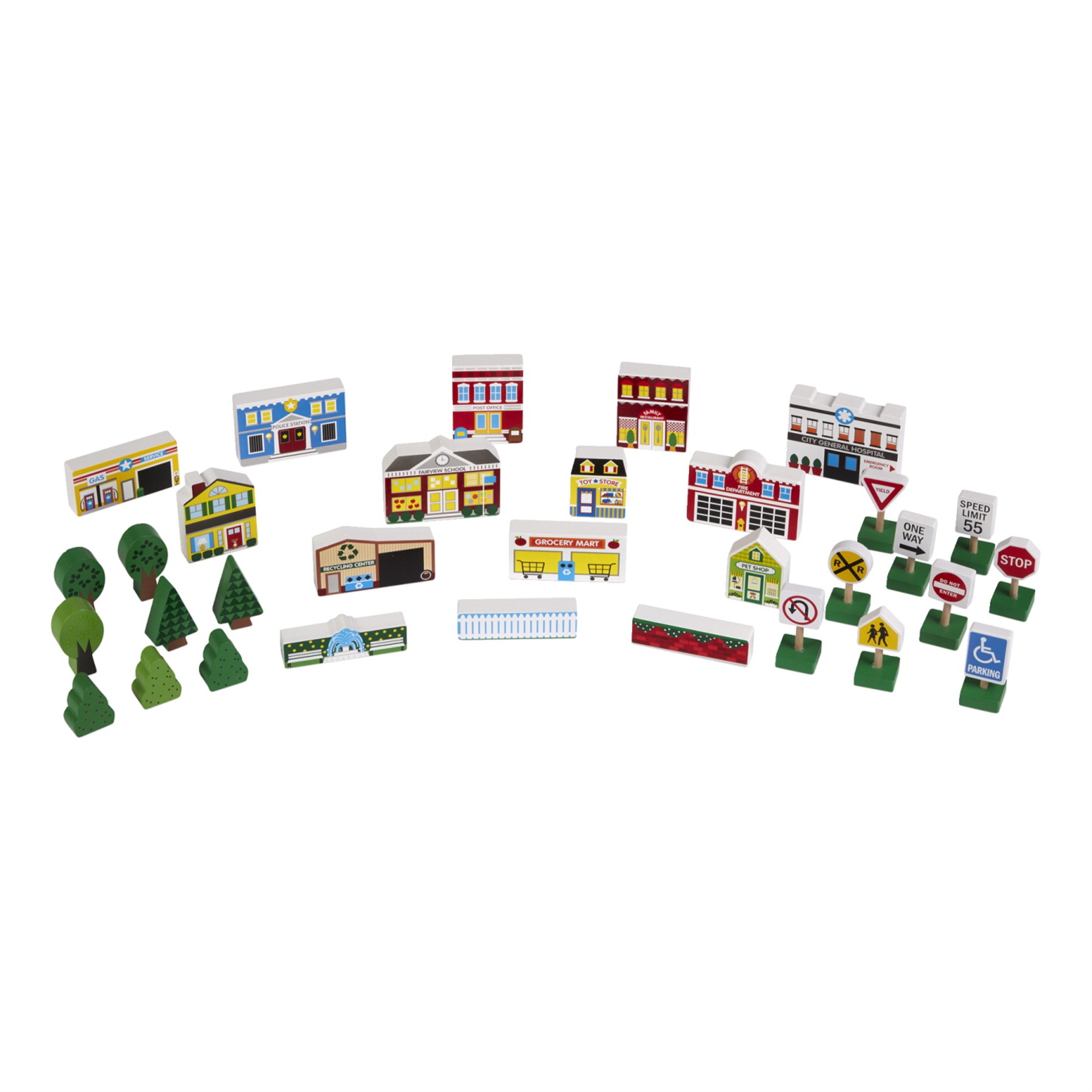 Melissa & Doug Wooden Town Play Set (Vehicles, Wooden Streetscape, Sturdy Wooden Construction, Storage Tray, 32 Pieces, Great